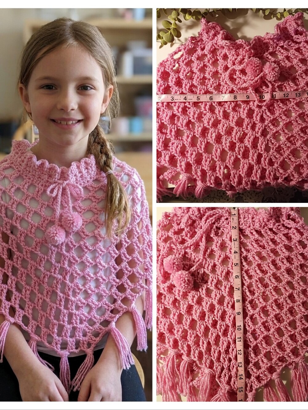 Handmade Crochet Pink Sparkle Mesh Pom Pom Tassle Poncho Size Small-Medium